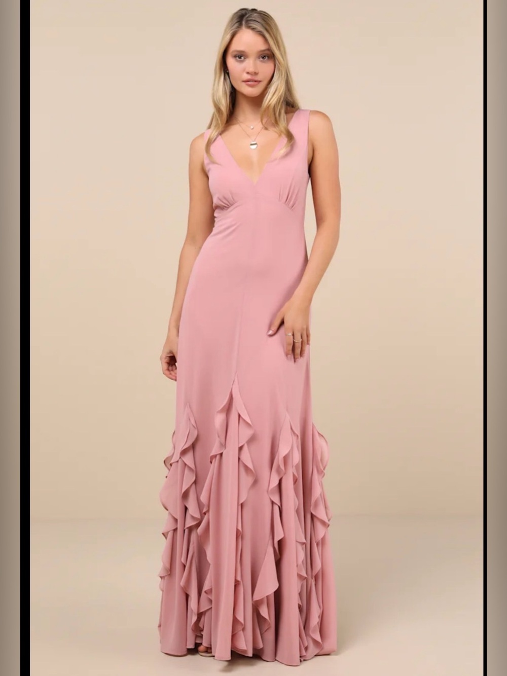 Lulu's Dusty Rose Ruffle-Hem V-Neck Maxi Dress